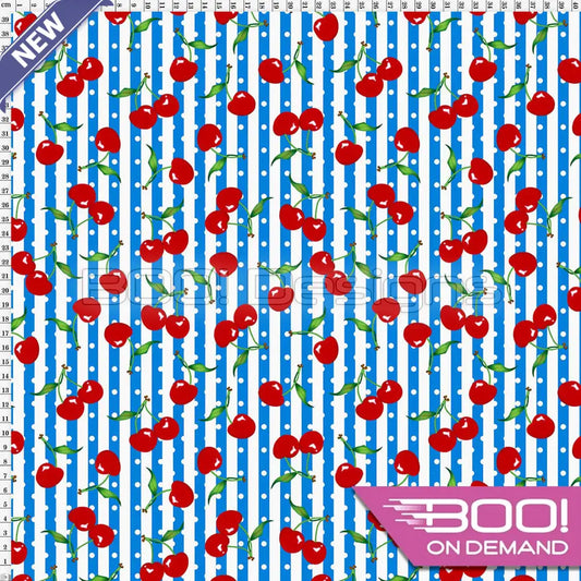 Spandex Cherry Stripes Spots Blue - Fabric