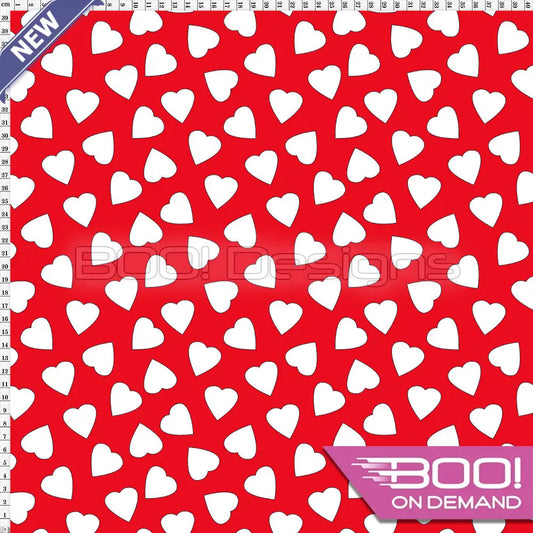 Spandex Love Hearts White on Red Fabric