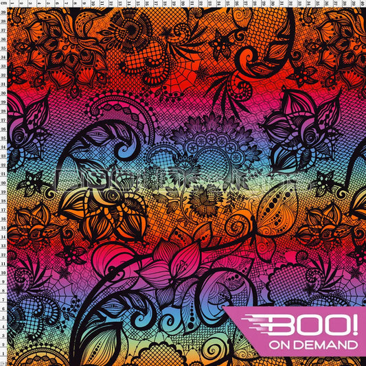 Spandex Ornamental Lace Black Rainbow Fabric