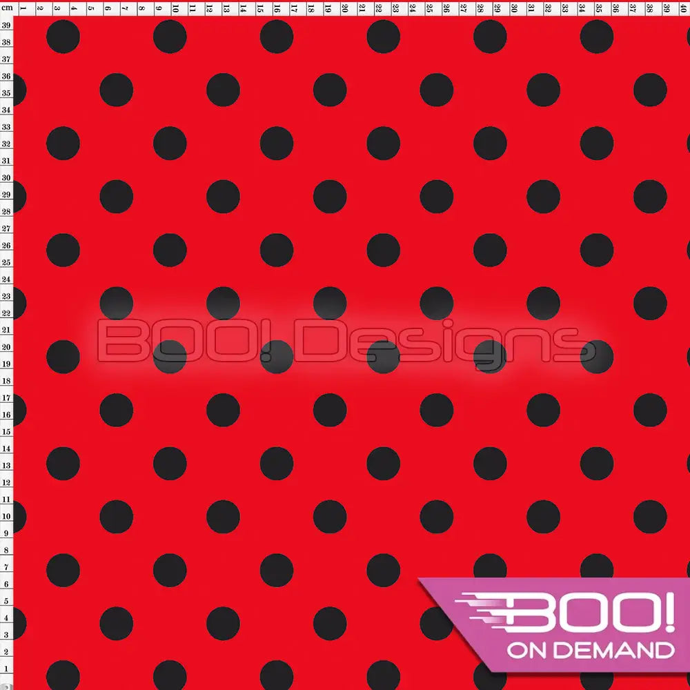 Spandex Polka Dot 20mm Black on Red Fabric