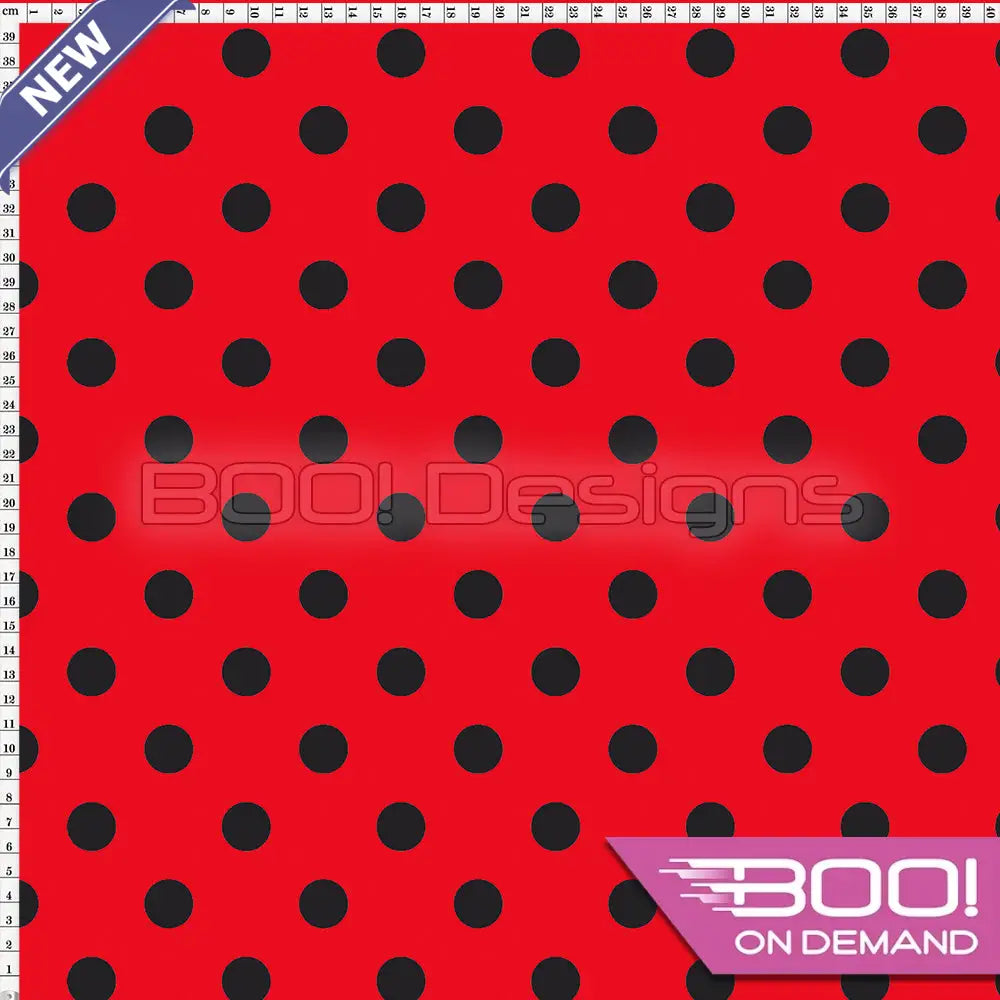 Spandex Polka Dot 20mm Black on Red Fabric