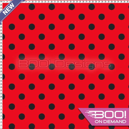 Spandex Polka Dot 20mm Black on Red Fabric