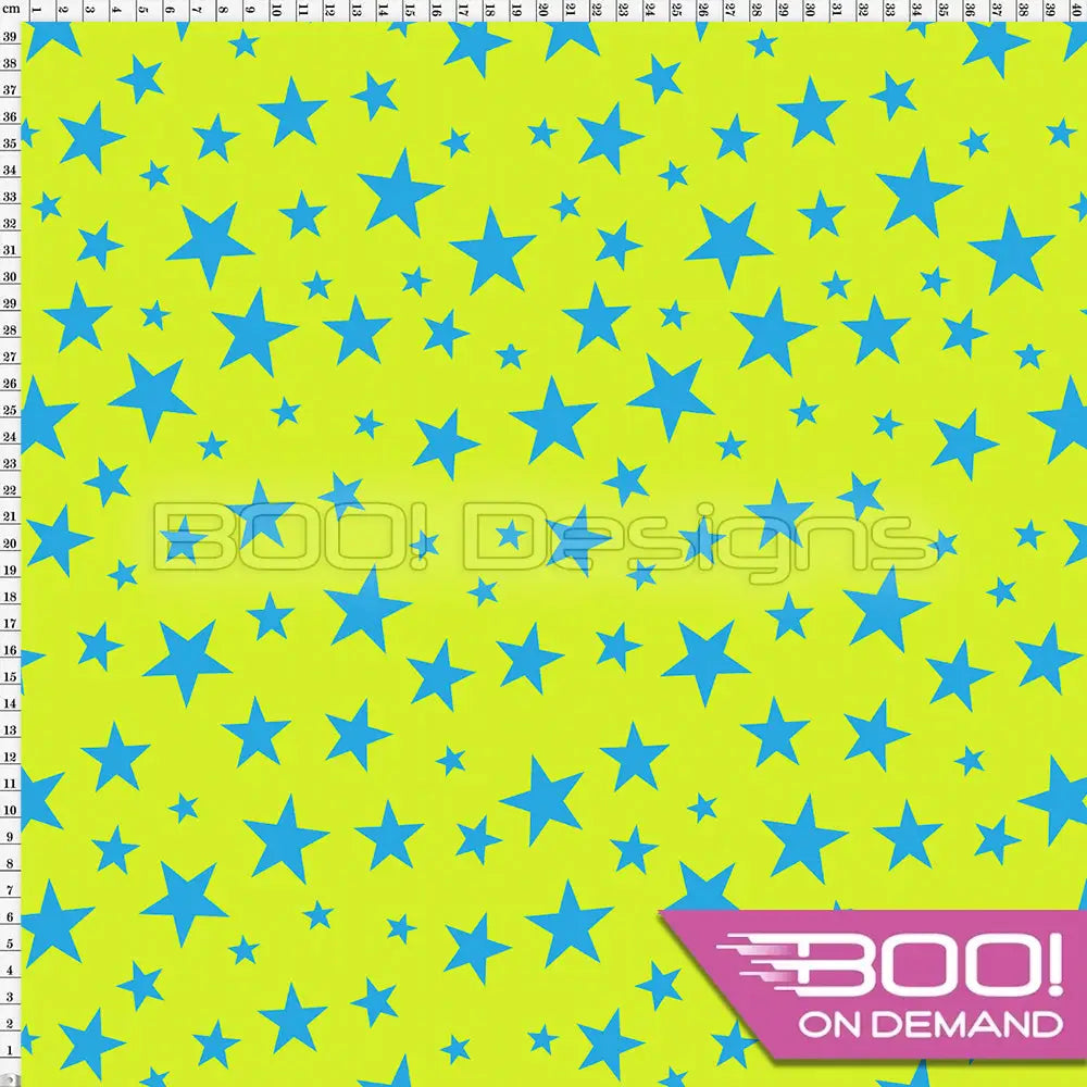 Spandex Stars Multi Blue on Lime Fabric