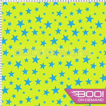 Spandex Stars Multi Blue on Lime Fabric