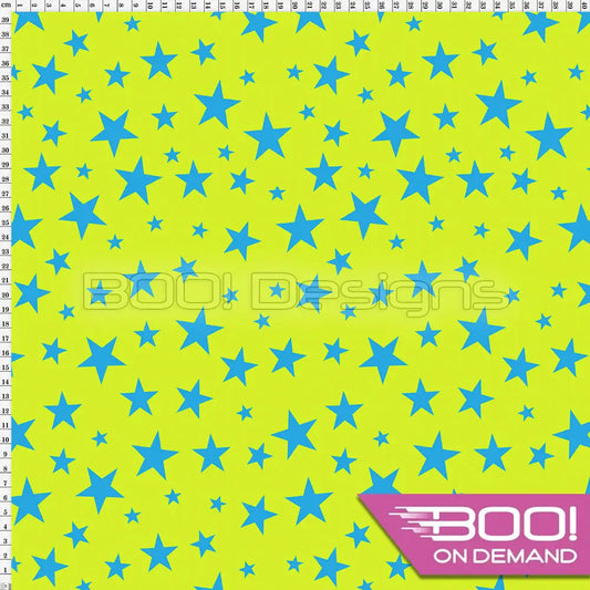 Spandex Stars Multi Blue on Lime Fabric