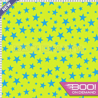 Spandex Stars Multi Blue on Lime Fabric