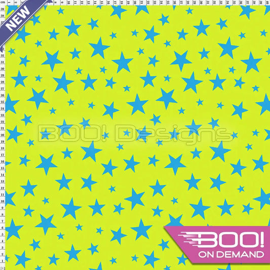 Spandex Stars Multi Blue on Lime Fabric