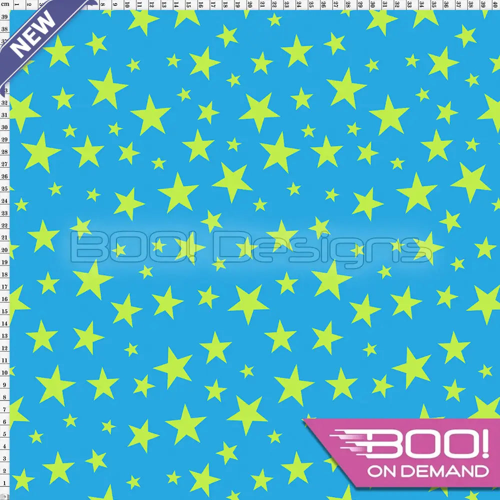 Spandex Stars Multi Lime on Blue Fabric