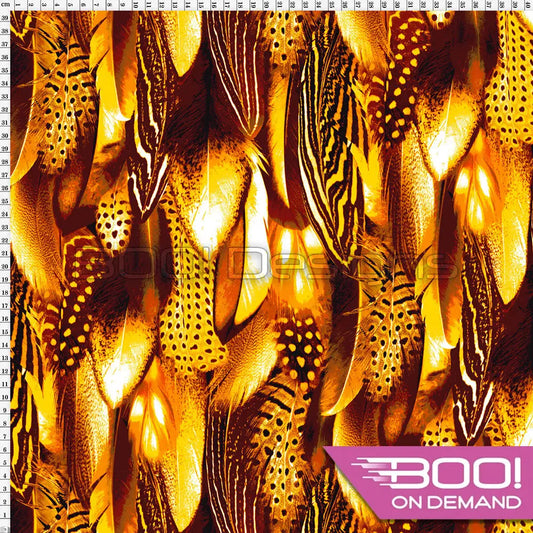 Spandex Warrior Feathers Gold Fabric