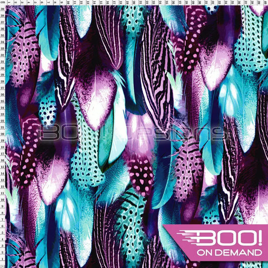 Spandex Warrior Feathers Purple Teal Fabric
