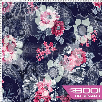 Spandex Winter Oriental Floral Navy Fabric