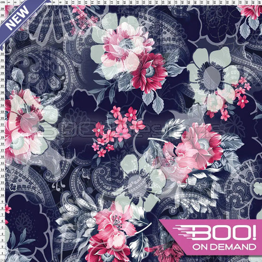 Spandex Winter Oriental Floral Navy Fabric