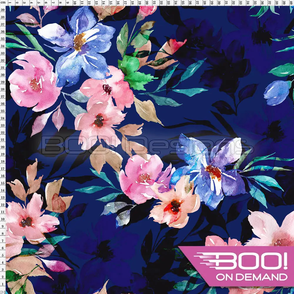 Spandex Winter Watercolour Floral Navy Fabric